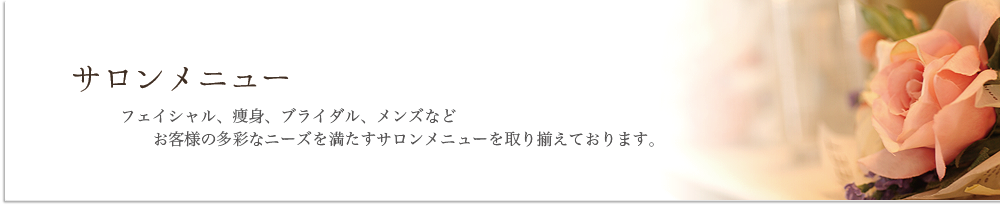サロンメニュー フェイシャル、痩身、ブライダル、メンズなど お客様の多彩なニーズを満たすサロンメニューを取り揃えております。